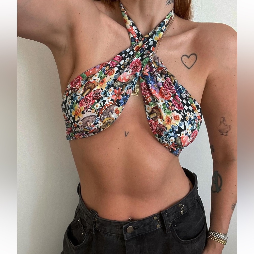 fl&l liberty mushroom print wrap crop top🍄